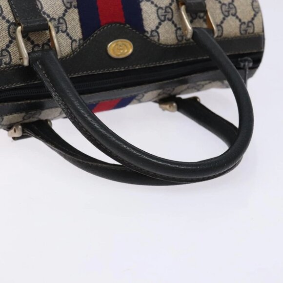 GUCCI GG Supreme Sherry Line Hand Bag PVC Navy Gold Red Auth 135604 - Picture 8 of 16